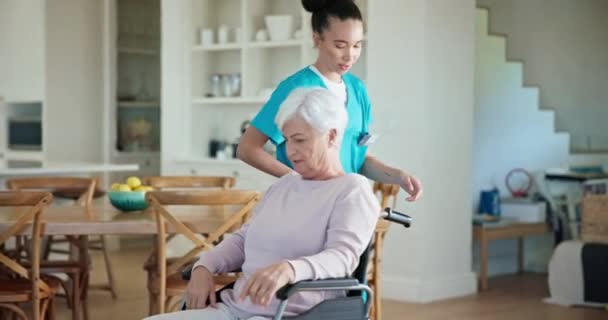 照料者 疗养院和坐轮椅的老年妇女 在退休时提供医疗服务 理疗或支助 帮助老年残疾 康复或医疗康复病人的护士 — 图库视频影像