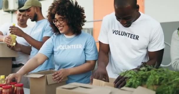 快乐的人 志愿者 团队合作的盒子 慈善或社区服务一起在非政府组织 以捐赠 社会或捐助形式包装包裹 包裹或盒子的志愿工作者团体或小组 — 图库视频影像