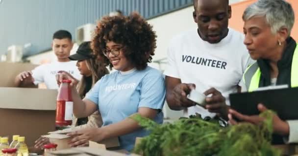 在社区服务 团队合作和非政府组织清单支持方面的志愿工作 盒子和食品捐赠 非营利组织的经理或团体 负责包装食品杂货 策划或帮助慈善项目 — 图库视频影像
