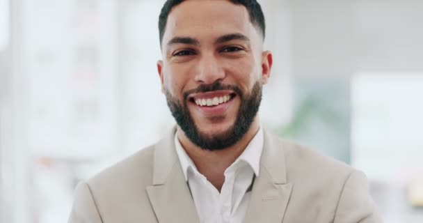 ハッピービジネスマンの肖像画 オフィスでの誇り エンジニアリングエージェンシーの自信を持ったプロジェクトマネージャー スタートアップ企業のための笑顔と前向きな考えを持つ男の顔 デザインビジネスリーダー — ストック動画