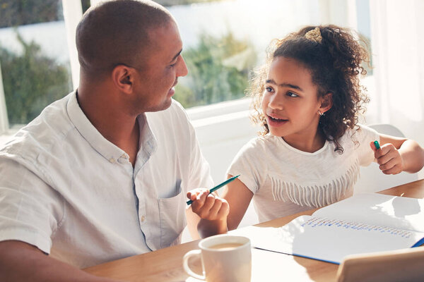 Help, father and girl with homework, education and conversation with elearning, knowledge and child development. Family, parent and dad with kid, writing or technology with notebook, advice and study.