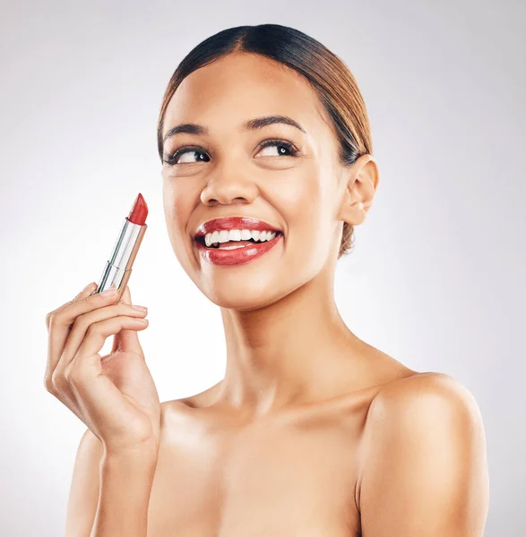 Woman Smile Makeup Red Lipstick Cosmetics Dermatology White Studio Background — Stock Photo, Image