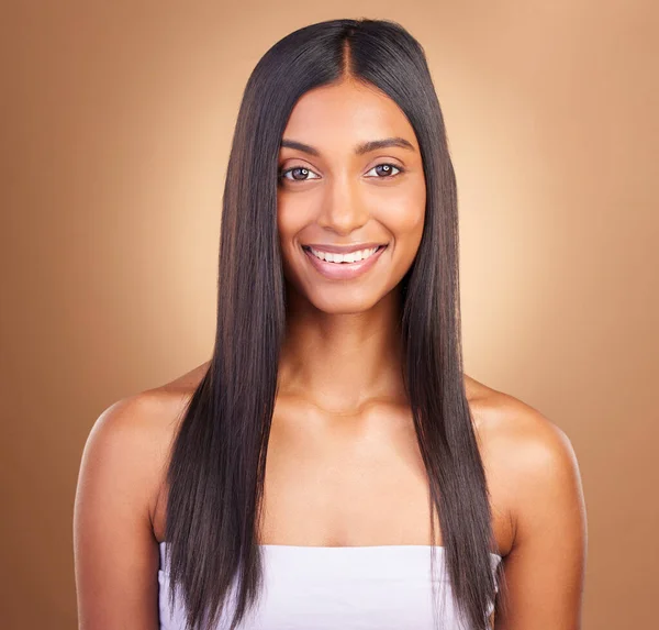 Portrait Hair Care Woman Smile Shine Skincare Brown Studio Background — Stock Photo, Image