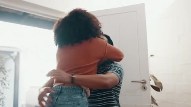 Couple New Home Hug Celebrate Happy Man Woman Smile Excitement — Stock Video