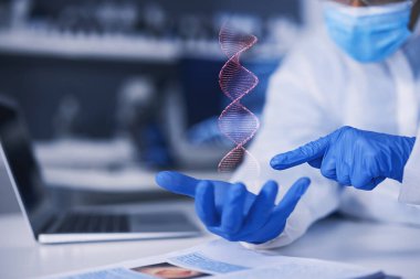 El, bilim adamı ve DNA hologramı laboratuvar analizi, çalışma ve güvenlik, sağlık ve tıbbi araştırma için eldivenler. Virüs biyolojisi, laboratuvar ve 3 boyutlu holografik örtüşmeler..