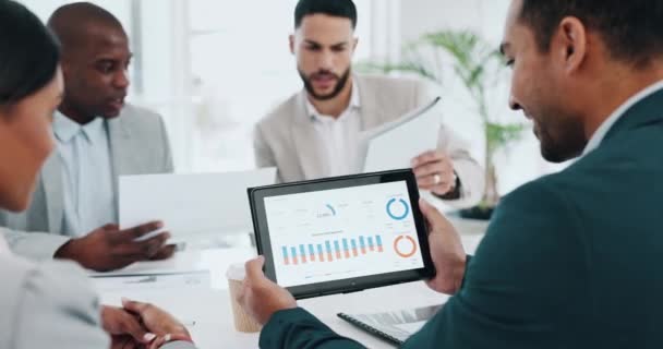 商界人士 平板电脑和会议在办公室进行数据分析 统计或图表讨论 关于工作场所技术 营销战略或公司分析的小组规划 — 图库视频影像