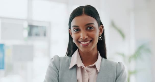 Mujer Negocios Feliz Cara Gerente Profesional Éxito Corporativo Oficina Retrato — Vídeos de Stock