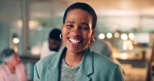 商业和黑人女性 带着微笑 带着团队精神 成功或头脑风暴 与人交往或工作 肖像画 与合作的非洲人或雇员 与规划有关的工作人员或专业人员 — 图库视频影像