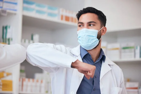 Man Elbow Greeting Pharmacist Healthcare Social Distancing Covid Regulations Person — Stock Photo, Image