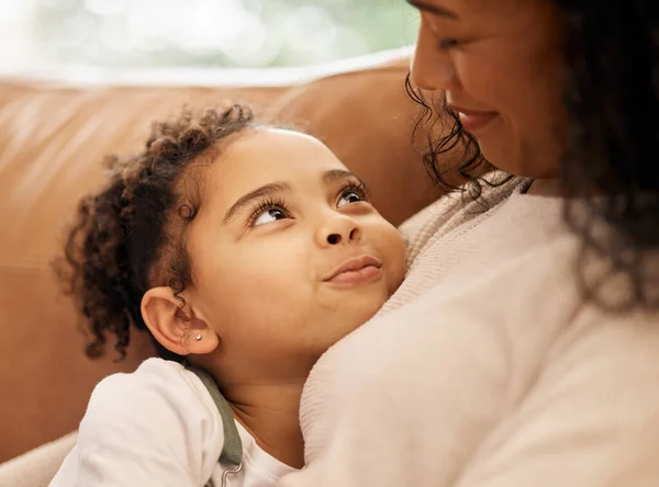 Love Hug Mother Girl Child Sofa Trust Support Bond Home — Stock Photo, Image