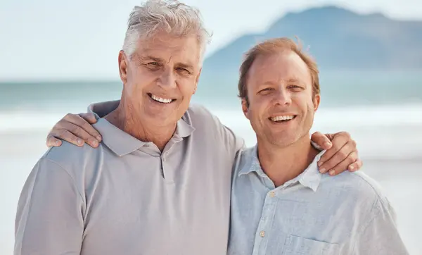 Beach Father Man Hug Portrait Together Summer Holiday Vacation Smile Stock Picture