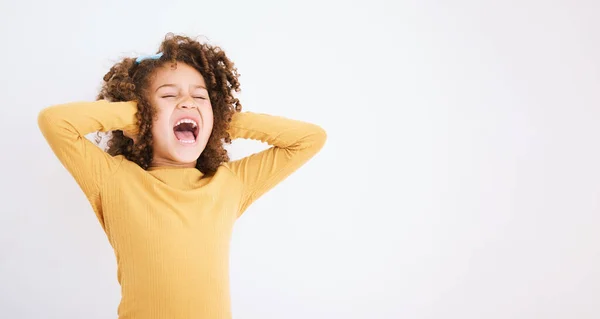 Shouting Loud Mockup Girl Child Studio White Background Covering Her — Stock Photo, Image