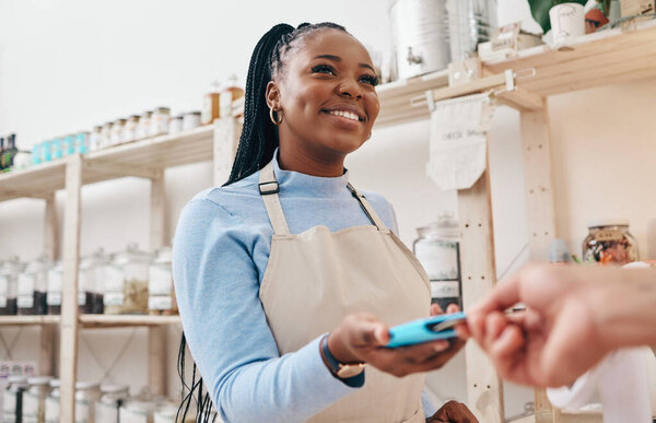 Sustainable shop, woman cashier and credit card with store and electronic transaction with small business. Worker smile, entrepreneur and happy African person with retail employee and shopping pay.
