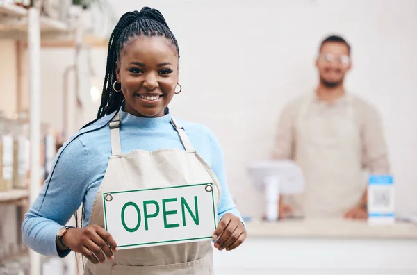 Abra Assine Mulher Negra Com Pequenos Negócios Restaurante Feliz Para — Fotografia de Stock