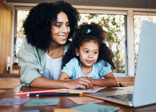 Online Klas Laptop Kind Met Moeder Keuken Helpen Leren Onderwijs — Stockfoto
