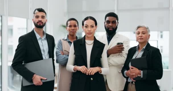 ビジネスマン およびオフィスの管理 チームワークおよび多様性に直面しています コラボレーション エグゼクティブコンサルタント グループ肖像画 リーダーシップ 労働力の信頼 — ストック動画