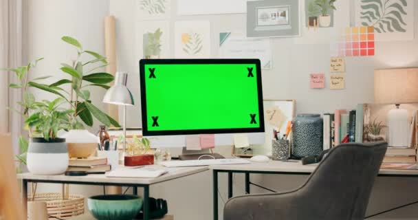 Büro Schreibtisch Und Computer Mit Grünem Bildschirm Chromakey Und Desktop — Stockvideo