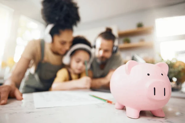 Piggy Bank Table Parents Child Learning Writing Headphones Paper Saving — Stock Photo, Image