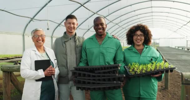 チームワーク 温室植物 農業や農業のための持続可能性コラボレーション グリーン開発または農業における食品科学者 マネージャー ハッピー農家グループの肖像画 — ストック動画