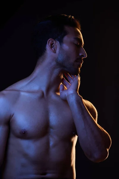 Homem Sexy Topless Sensual Fundo Preto Inspiração Fitness Beleza Estética — Fotografia de Stock