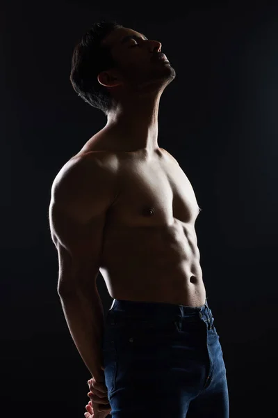 Homem Fisiculturista Sem Camisa Perfil Estúdio Com Bem Estar Corpo — Fotografia de Stock