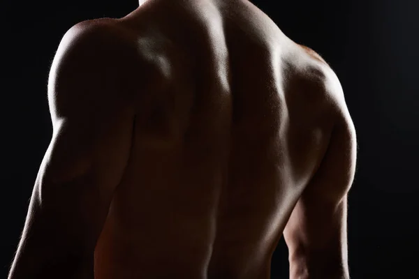 Bodybuilder man, back and silhouette in studio, shadow and wellness with health, strong and black background. Model guy, muscle and shirtless for fitness with skin, aesthetic or power in dark for art.