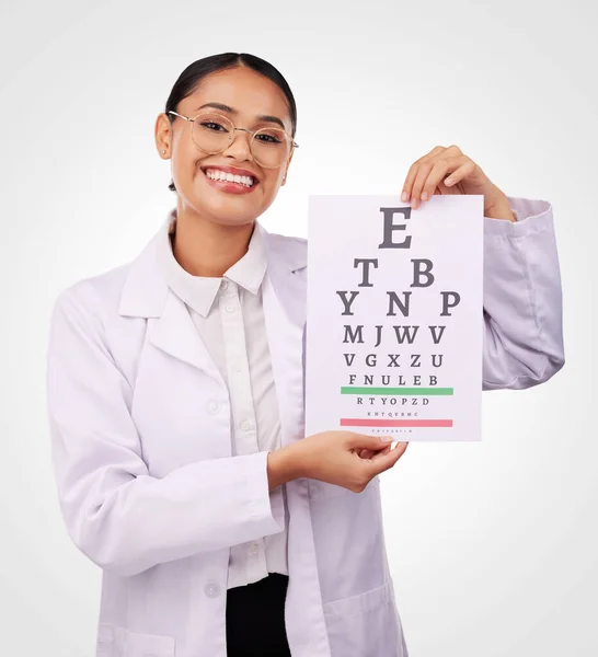 Göz Muayenesi Çizelge Mektup Portredeki Kadın Optometrist Sağlık Uzmanı Beyaz — Stok fotoğraf