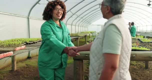 人々の握手 農場での挨拶 歓迎または紹介 ガーデンでの農業 幸せな女性たちが協力して協力して合意 クレーム合意 またはB2Bミーティング — ストック動画