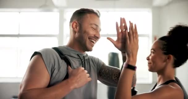 Siłownia Ludzie Przybij Piątkę Aby Uczcić Fitness Lub Rozpocząć Ćwiczenia — Wideo stockowe