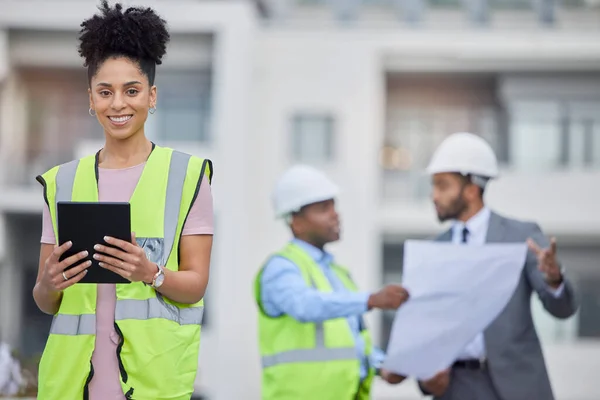 Happy woman, architect and tablet in city for team planning, construction or design on rooftop at site. Female person, engineer or contractor on technology in leadership, project or architecture plan.