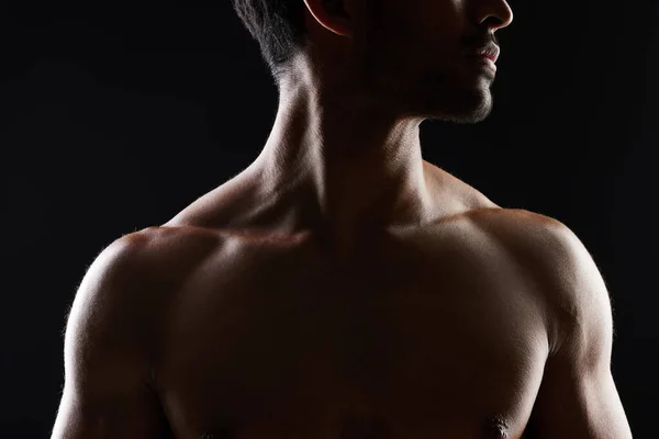 Homem Topless Muscular Sexy Fundo Preto Para Inspiração Fitness Beleza — Fotografia de Stock