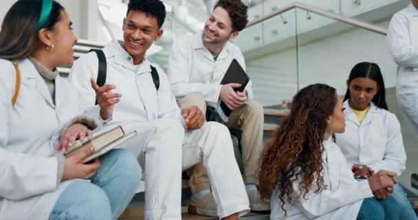Estudiantes Grupo Universitarios Medicina Escaleras Conversando Comunicándose Juntos Facultad Ciencias — Vídeos de Stock