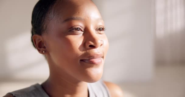 Femme Noire Calme Visage Avec Détente Sourire Pour Respirer Penser — Video