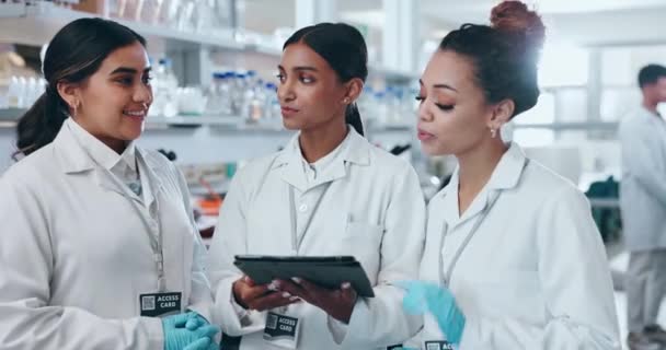 科学者 タブレットは 研究室で会議 またはチームの発見で一緒に テクノロジーに関するチームワークの女性 医療またはヘルスケアの専門家のグループまたは科学ラボでの結果 — ストック動画