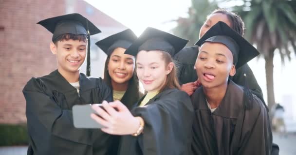 Universitätsabschluss Ausbildung Und Studenten Selfie Von Diversity Gruppe Glücklich Für — Stockvideo