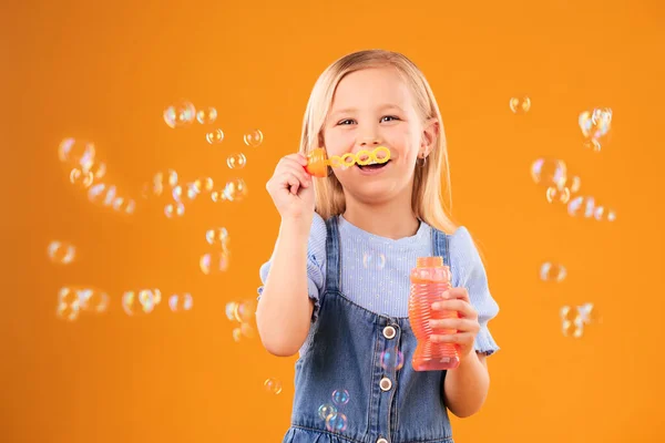 Portrait Happy Child Blowing Bubbles Studio Fun Freedom Childhood Development — Stock Photo, Image