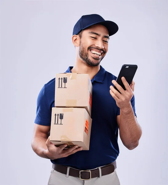 Τηλέφωνο Στούντιο Κουτί Και Γέλιο Delivery Man Ανάγνωση Online Ψώνια — Φωτογραφία Αρχείου