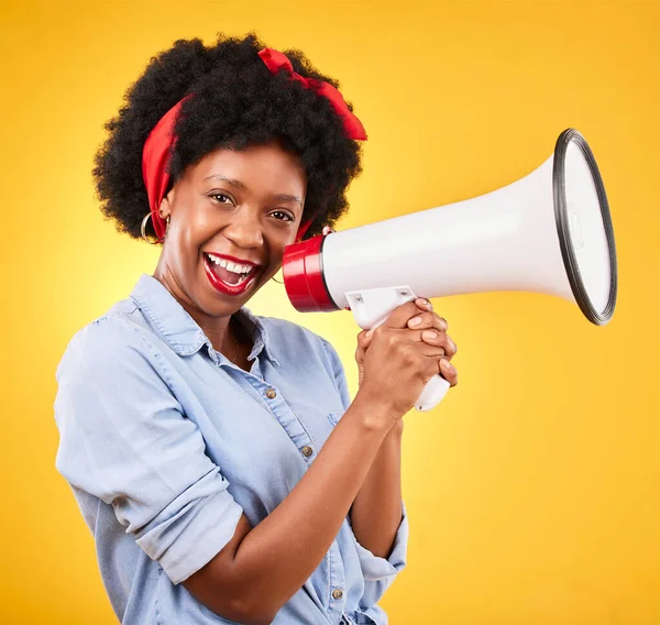 Portrait, megaphone or happy black woman with announcement or review on studio background. Broadcast, attention or voice of African girl with sale news, speech or speaking on opinion on mic speaker.