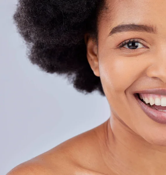 stock image Beauty, skincare and half portrait of black woman in studio for cosmetics, space and spa treatment. Health, salon and dermatology with face of person on gray background for wellness and mockup.