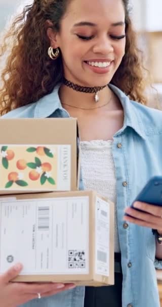 Веселая Счастливая Женщина Телефоном Коробками Проверяющая Электронную Почту Читающая Распродажи — стоковое видео