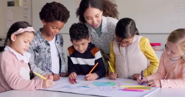 Sınıftaki Çocuklar Dünya Günü Için Öğretmenle Resim Sanat Çevre Dostu — Stok video