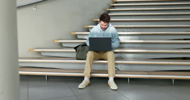 Laptop Homework Student Man Staircase University Education Learning Study Computer — Stock Video