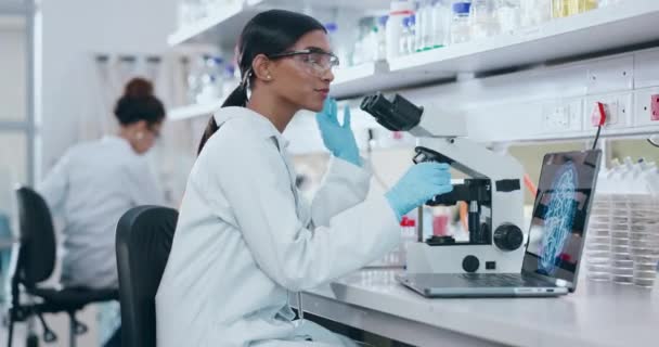 Vetenskap Mikroskop Och Student Flicka Ett Labb För Forskning Innovation — Stockvideo