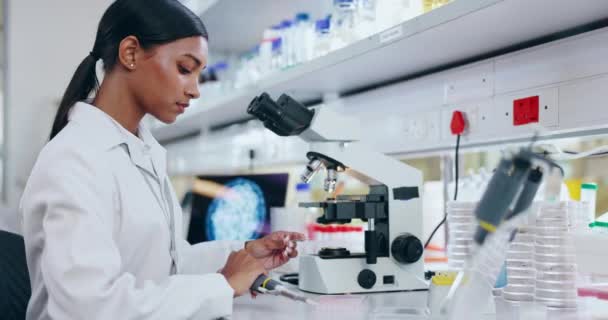 顕微鏡 そして研究 イノベーション 医学の進歩のための研究室の学生の少女 生物学研究所で働く若い科学者との医薬品 医薬品 サンプル研究 — ストック動画