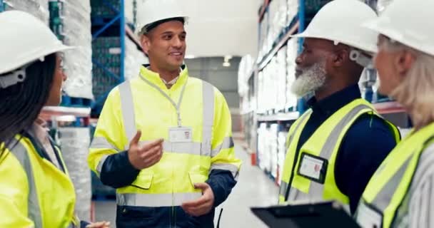 Magazijnteam Manager Planning Voor Logistiek Voorraadbeheer Teamwork Support Industriële Mensen — Stockvideo