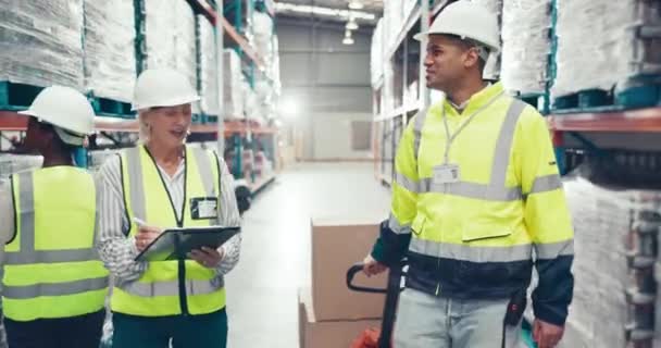 Warehouse Walking Happy People Teamwork Talking Transport Product Moving Package — Stock Video