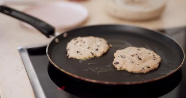 Cooking Closeup Pancakes Frying Pan Stove Kitchen Modern Home Baking — Stock Video