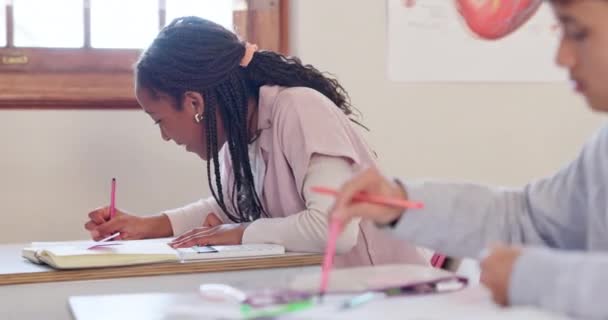 Öğrenci Siyah Çocuk Lisede Yazma Sınıfta Öğrenme Öğrenim Ergen Defter — Stok video