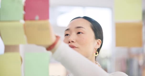 Asyalı Kadının Yapışkan Notu Panosu Yüzü Profesyonel Tasarımcı Planlama Projesi — Stok video