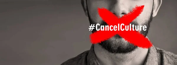 Cancel Culture Man Protest Sign Mouth Censorship Bullying Violence Social — Stock Photo, Image